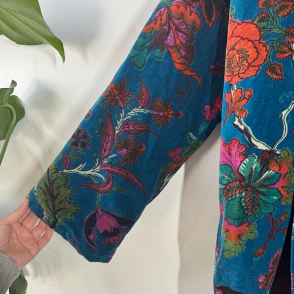 Eleanor James Penny Velvet Lounge Jacket Women M/L Blue Floral Boho Fall Pocket - Picture 5 of 9